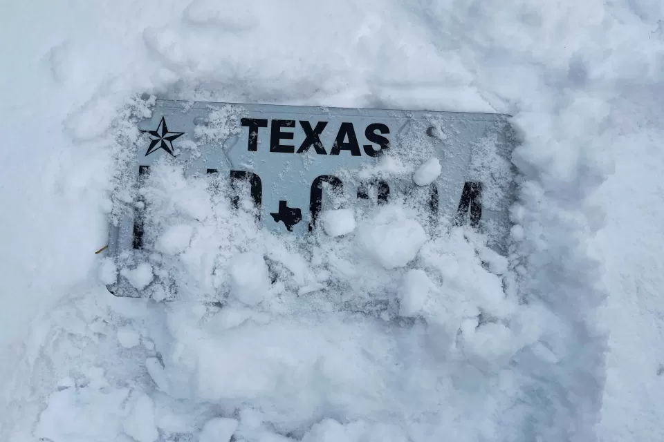 Texas license plate almost entirely covered by snow